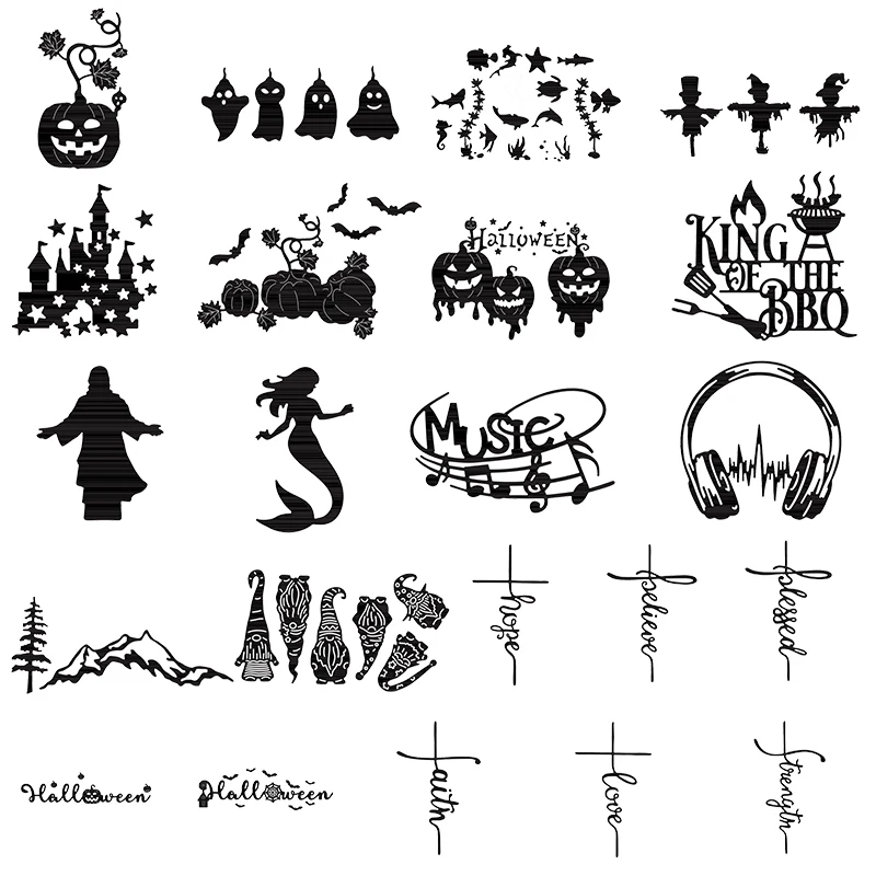 Metal Cutting Dies Halloween Pumpkin Scarecrow Elf Priest Mermaid Gnome Love Words Line Border Music Note Mountain Tree 2021 New