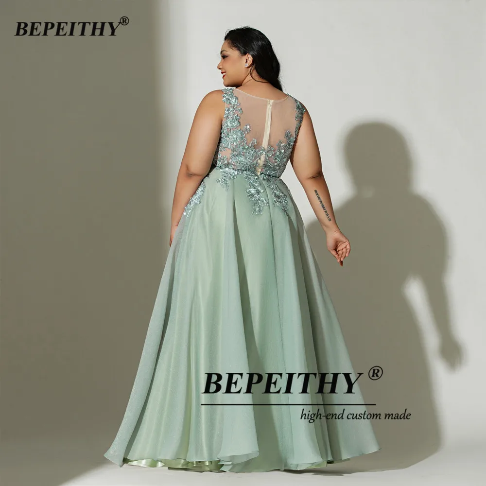 BEPEITHY, vestidos de noche largos personalizados, fiesta elegante para mujeres curvadas, sin mangas, encaje hasta el suelo, vestido de graduación verde de talla grande