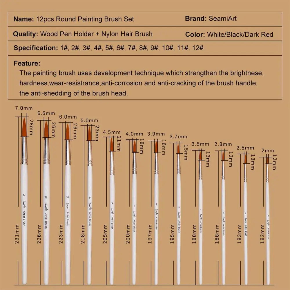 Imagem -02 - Seamiart-pincel Conjunto para Pintura Suprimentos Tamanho Diferente Ponta Redonda Artista Nylon Cabelo Mão de Madeira Aquarela 12 Pcs