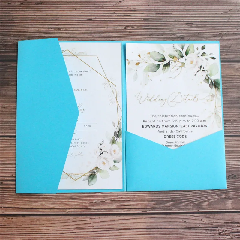 Sky blue wedding invitations tri-fold pocket elegant rural marriage cards personalized insert card design multi colors