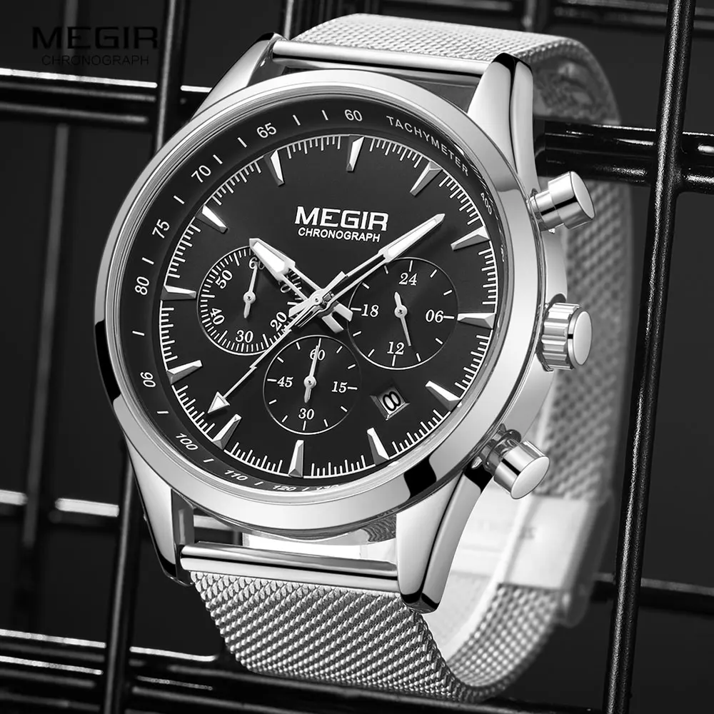 MEGIR Men\'s Watches Fashion Stainless Steel Mesh Strap Chronograph Quartz Watch Man Luxury Waterproof Luminous Wristwatch 2153