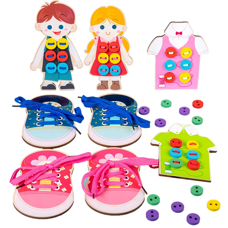 Baby Wooden Threading Board Learning Toys Montessori Stitching Button Game Educational Basic Life Skill Toys Fine Motor Training