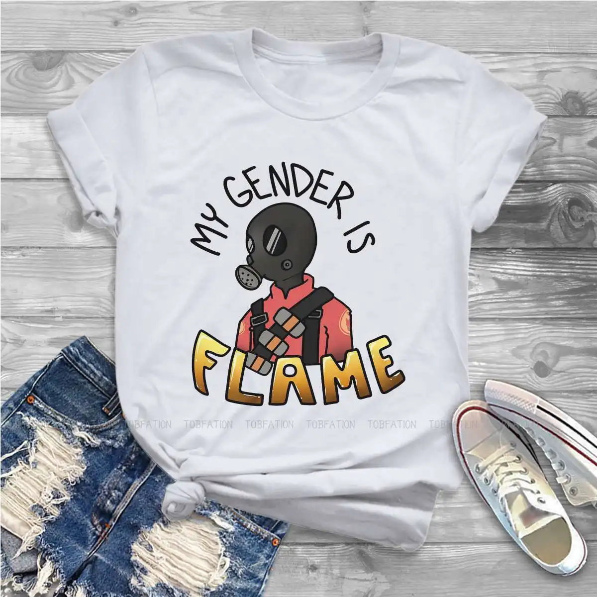 My Gender Is Flame Feminine Shirts Team Fortress 2 Shooter Game T-shirt Goth Vintage Female Clothing