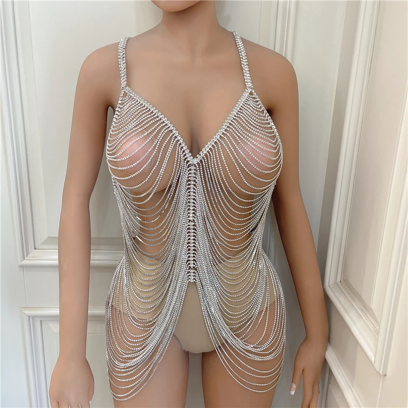 Edgy Sexy Body Jewelry Rhinestone Bodysuit Dress Mesh Skirt Sparkly Crystal Transparent Body Chain Harness Prom Bar Bikini