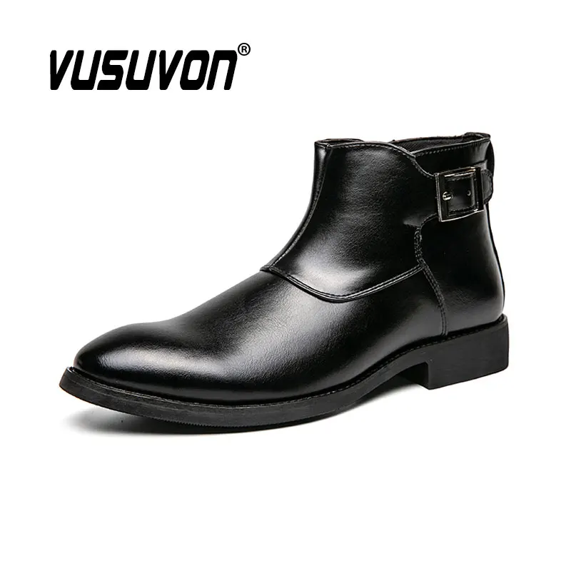 Fashion Men Leather Boots Casual Warm Winter Black Shoes Comfortable Ankle Zip Buckle Strap Flats Big Size 48 British Style