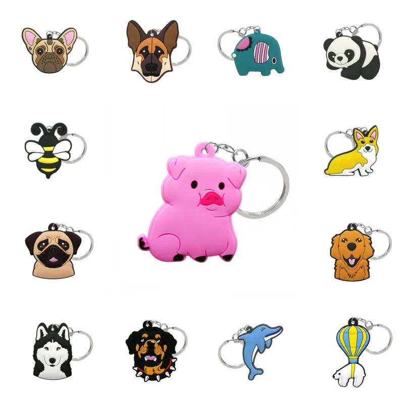 50PCS PVC keychains animal cartoon pattern key rings dog frog cat Snake duck anime key holder fit men women car keys accessories