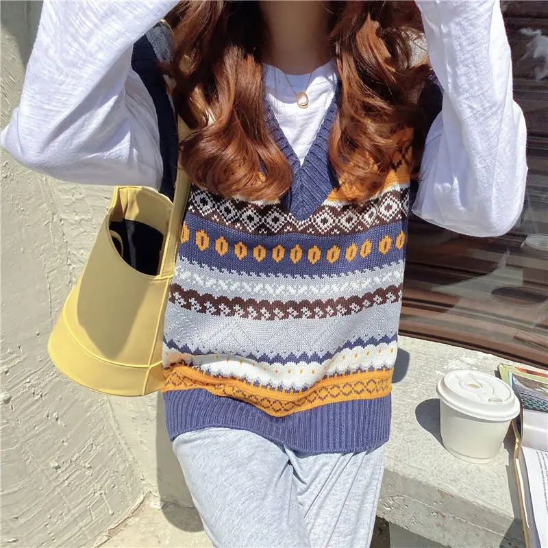 Sweater Vest Women V-neck Knitted All-match Elegant Pattern Retro Vintage Sweaters Mujer Sleeveless Top Ethnic Style New Arrival