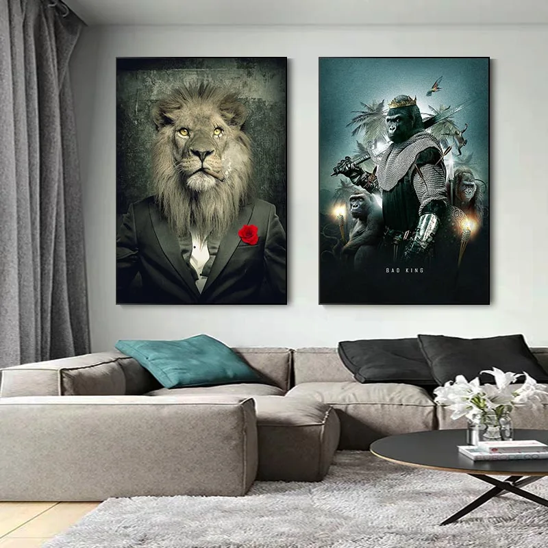 

Black bad Lion a Suit Canvas Art Posters And Prints Abstract Lion Smoking a Cigar Canvas Paintings On the Wall Art Pictures