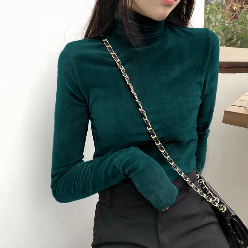 Turtleneck Velvet Tops Women Long Sleeve T Shirts Solid Color 2023 Spring Autumn Velour T-Shirts Women Basic Shirt