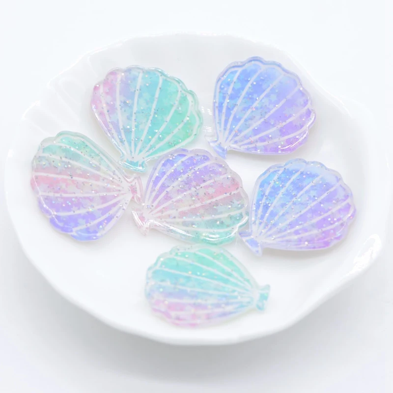 10 sztuk 25*24mm Bling Rainbow Shell żywica Ocean płaski tył drukuj akrylowe DIY nakrycia głowy dla dzieci spinki do włosów ozdoba z kokardką