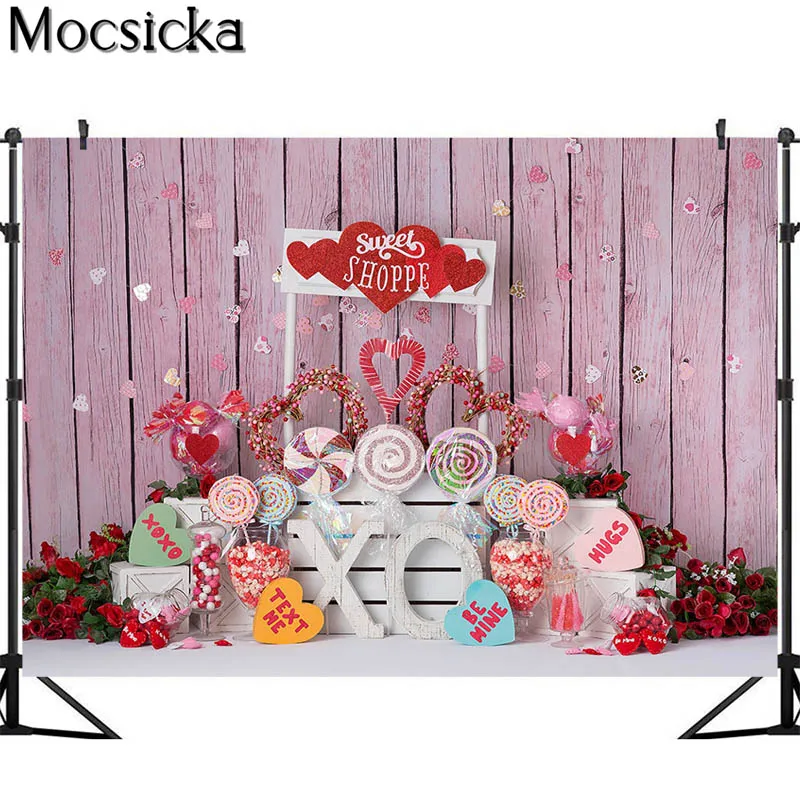 Mocsick Valentines Sweet Shoppe Photography Backdrops Pink Wood Wall Children Photobooth Background For Photo Studio Photocalls