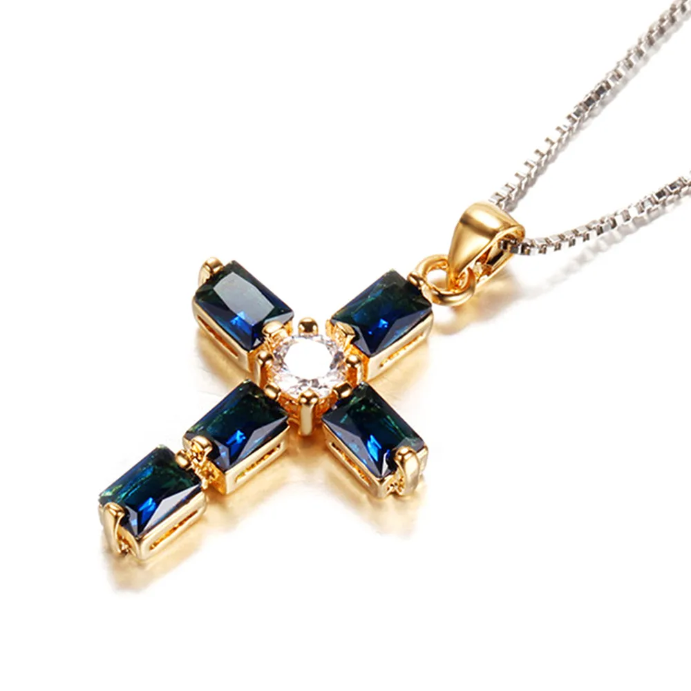 Sapphire gemtsones blue crystal cross pendant necklaces for women femme diamonds 18k gold color chain choker bijoux jewelry gift