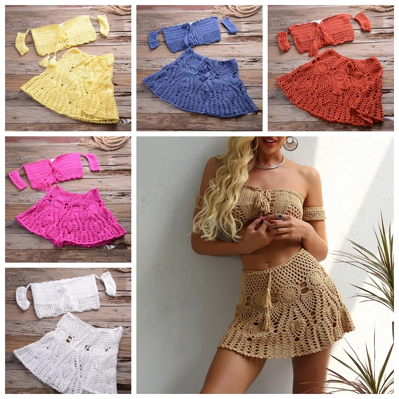 

Crochet Two Piece Set Summer Beach Dress sexy women off shoulder crop top+A line mini skirts Bikini swimwear cover up