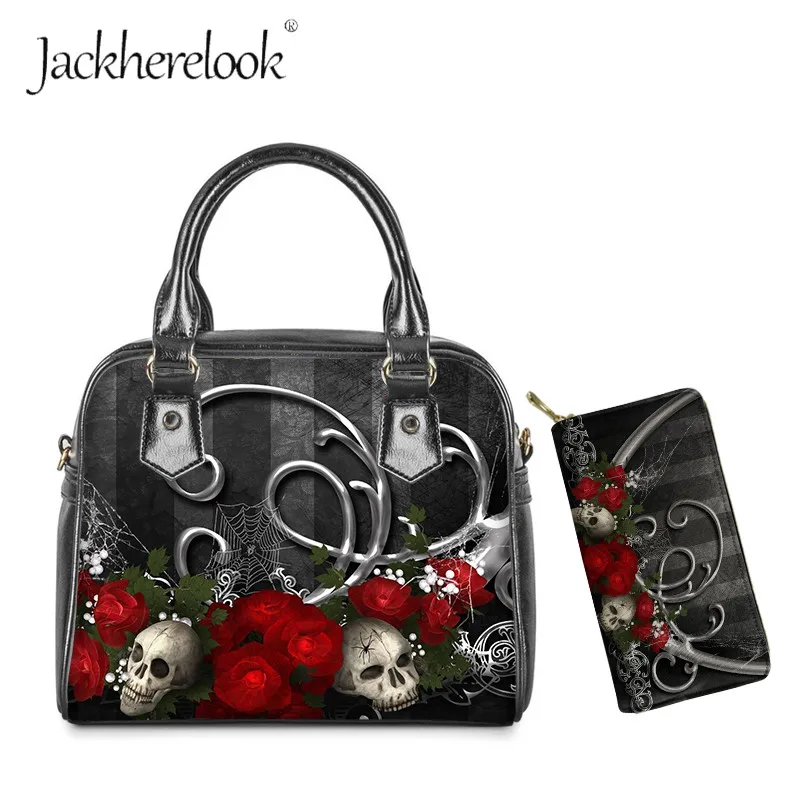 

Jackherelook Gothic Rose Flowers Pattern Women's Soft Crossbody Handle Tops Handbag Casual Wallets Set Lady Daily Tote Bolsa