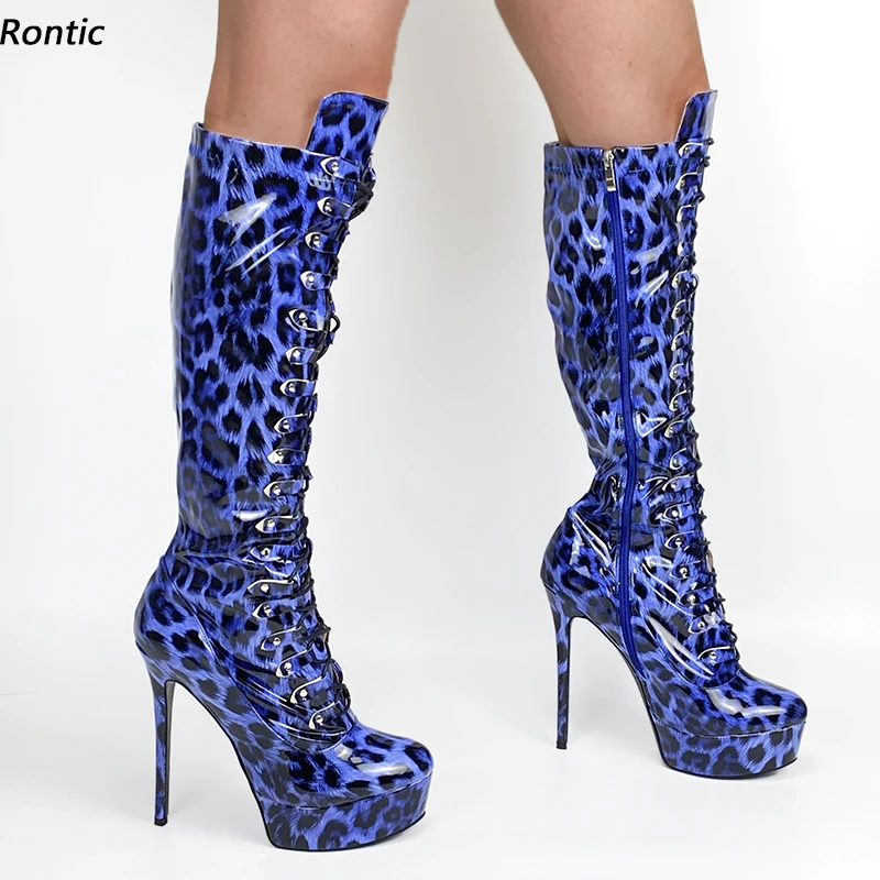 

Rontic Women Winter Platform Knee Boots Side Zipper Patent Stiletto Heels Round Toe Gorgeous Leopard Cosplay Shoes US Size 5-20