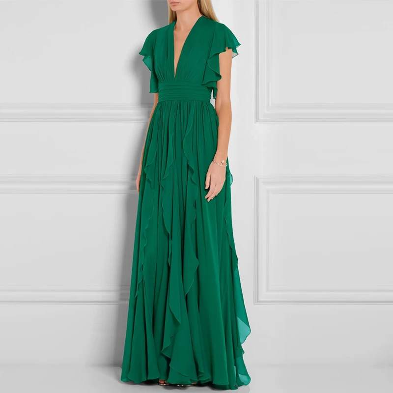 Royal Sister Goddess Fan V-neck Dress Heavy Industry Ruffled Slim High Sense Green Long Skirt  Dress