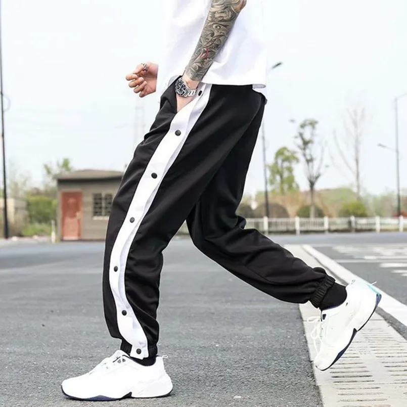 Side Button Sweatpants Men Spring Autumn Sport Jogger Striped Patchwork Wide Leg Jogging Sportswear Fashion Tracksuit Streetwear