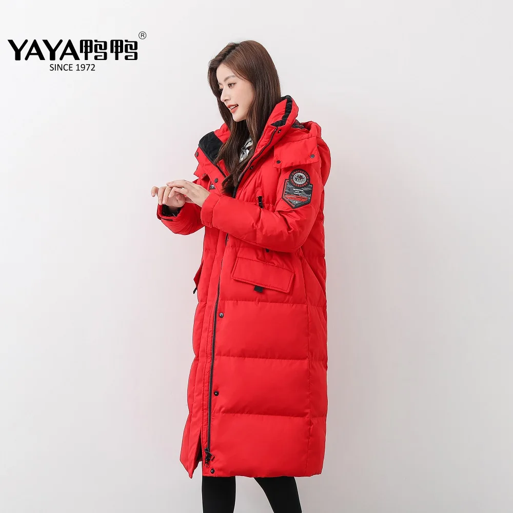 YAYA 2021 Women\'s  90% Down Jacket Hooded WindBreak Waterproof Thick Fabric Long Winter Overcoat Stand Collar Padded Parka