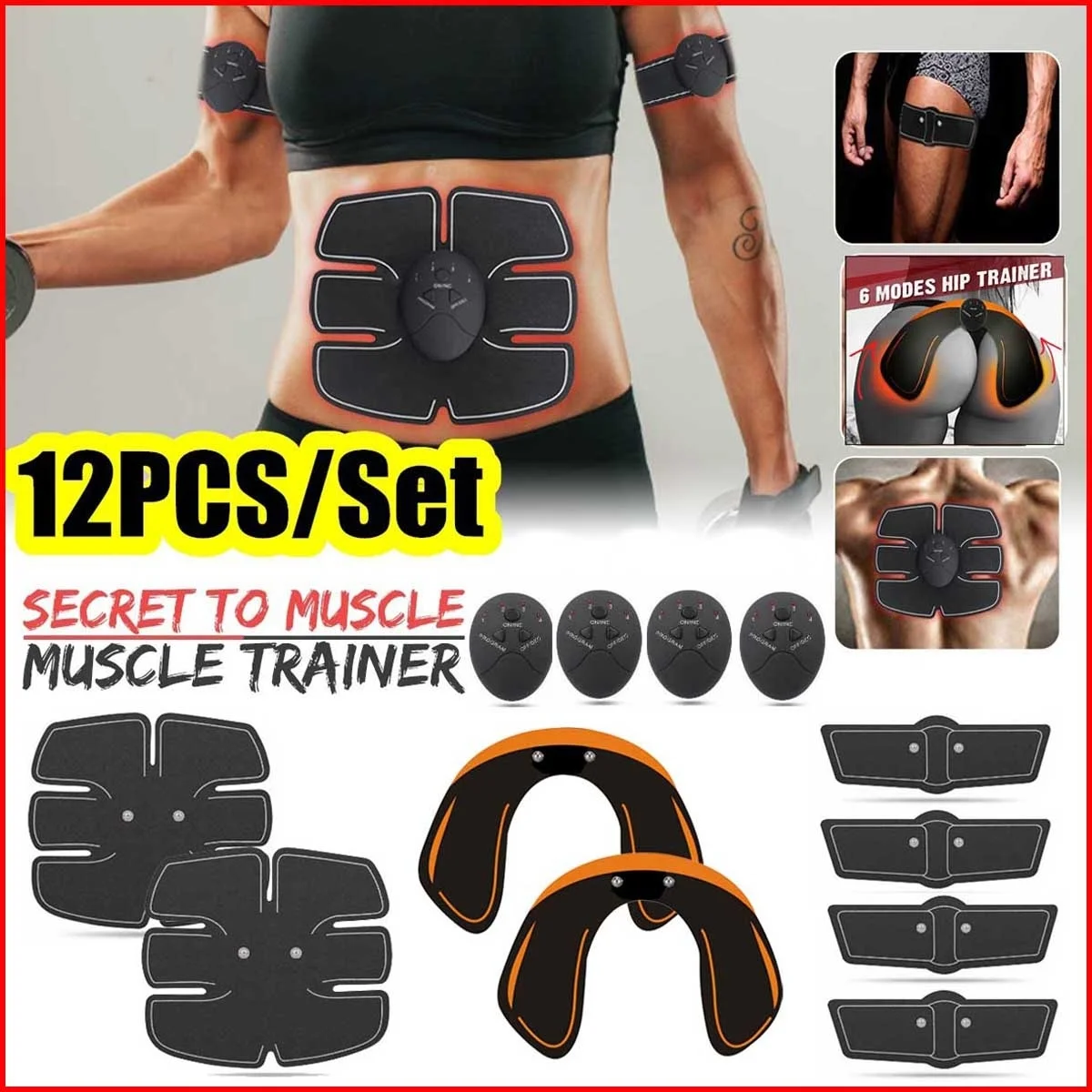 

12pcs/Set 10 Grade 6 Mode Unisex EMS Hips Trainer and Butt Toner,EMS Muscle Stimulator Abdomen Fat Burning Training Gear