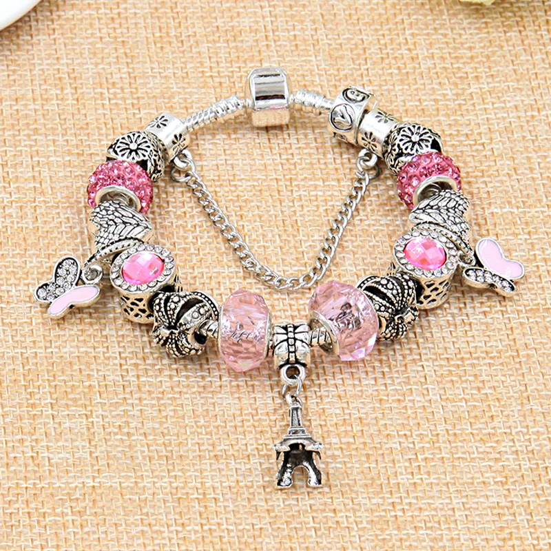 Vintage Paris Eiffel Tower Pendant Bracelet Pink Butterfly DIY Bead Bracelet for Women Girl Jewelry Gift