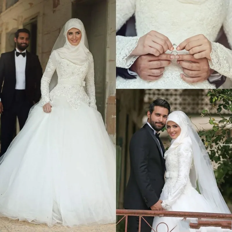 2020 Arabic Islamic Muslim A Line Wedding Dresses Lace Winter Bridal Gowns Long Sleeves High Neck Midwest Pakistani Abaya