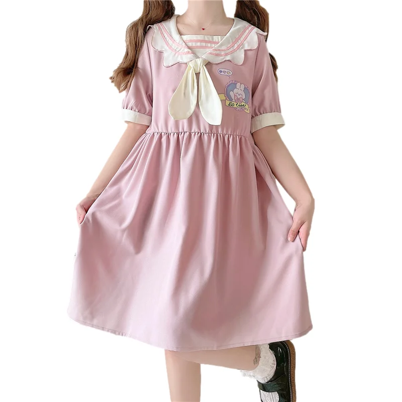 Japanese Lolita Sweet Chiffon Dress Girls Summer Pink Cute Bunny Rabbit Sailor Collar Short Sleeve Kawaii Casual Blue Dresses