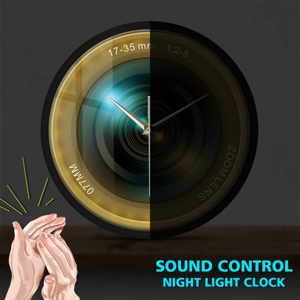 Photography Zoom Color Photo ISO Exposure Personalized Sound Activated Wall Clock Camera Lens LED Night Light Cameraman Gift