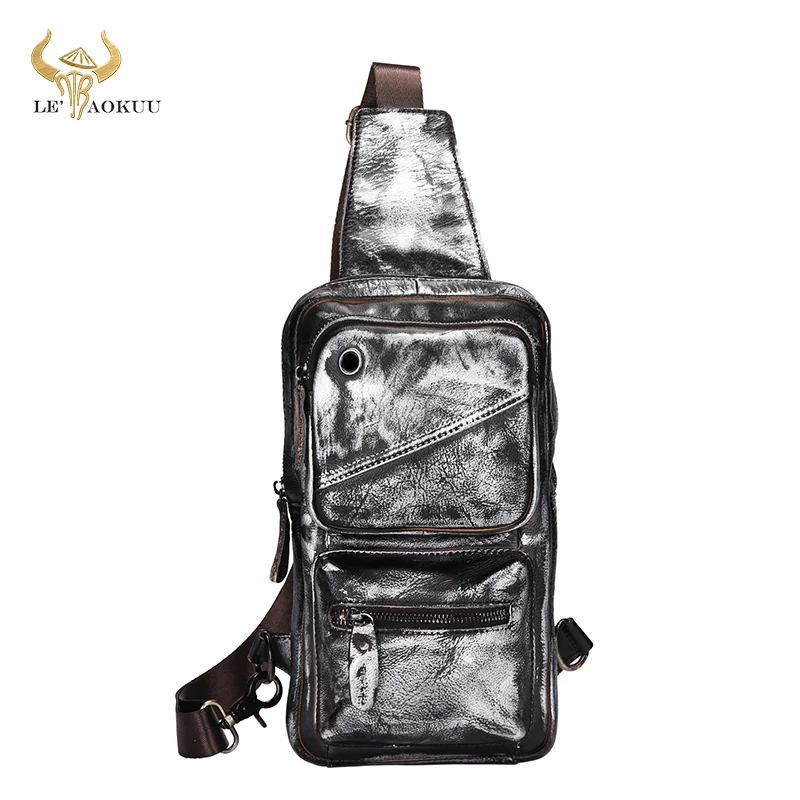 

Real Soft Natural Leather Vintage Triangle Sling Chest Bag 8" Tablet Design One Shoulder Strap Cross-body Bag For Men Male 8020