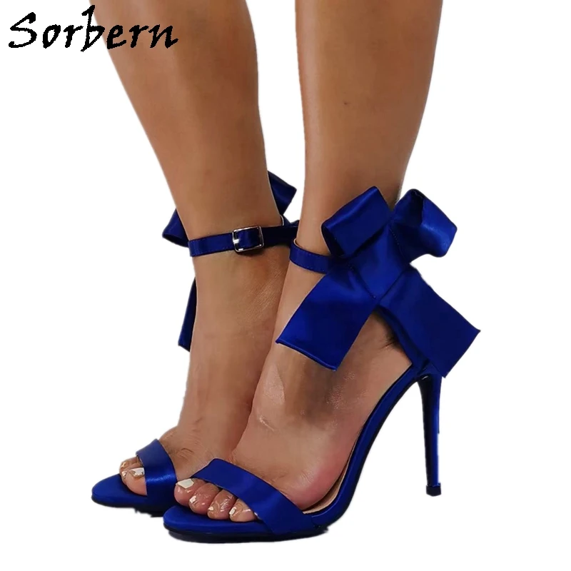 Sorbern Royal Blue Women Sandals High Heel Bowknot Ankle Strap Stilettos Summer Shoes Designer Sandals Evening Party Footwear