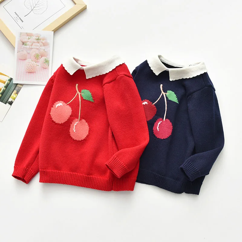 Baby Kids Girls Long Sleeve Cherry Printing Knit Sweater Autumn Winter Kids Girls Pullover Sweaters Children\'s Clothes