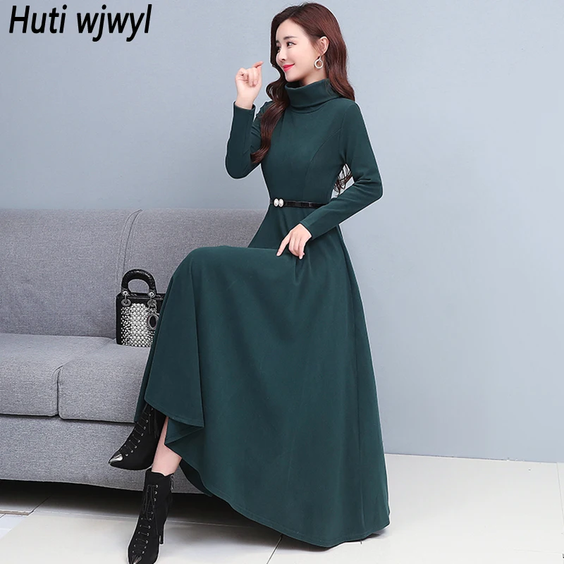 Autumn Winter Flannel Thick Warm Maxi Dress Women Black Korean Vintage Party Vestidos 2024 New Elegant Bodycon Turtleneck Dress