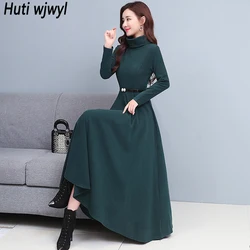 Autumn Winter Flannel Thick Warm Maxi Dress Women Black Korean Vintage Party Vestidos 2024 New Elegant Bodycon Turtleneck Dress