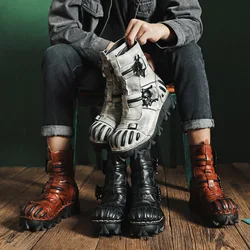Retro Genuine Leather Motorcycle Boots Mid-calf Tactical High Top Men's Western Riding Boots Gothic Skull Punk Cowboy Boots