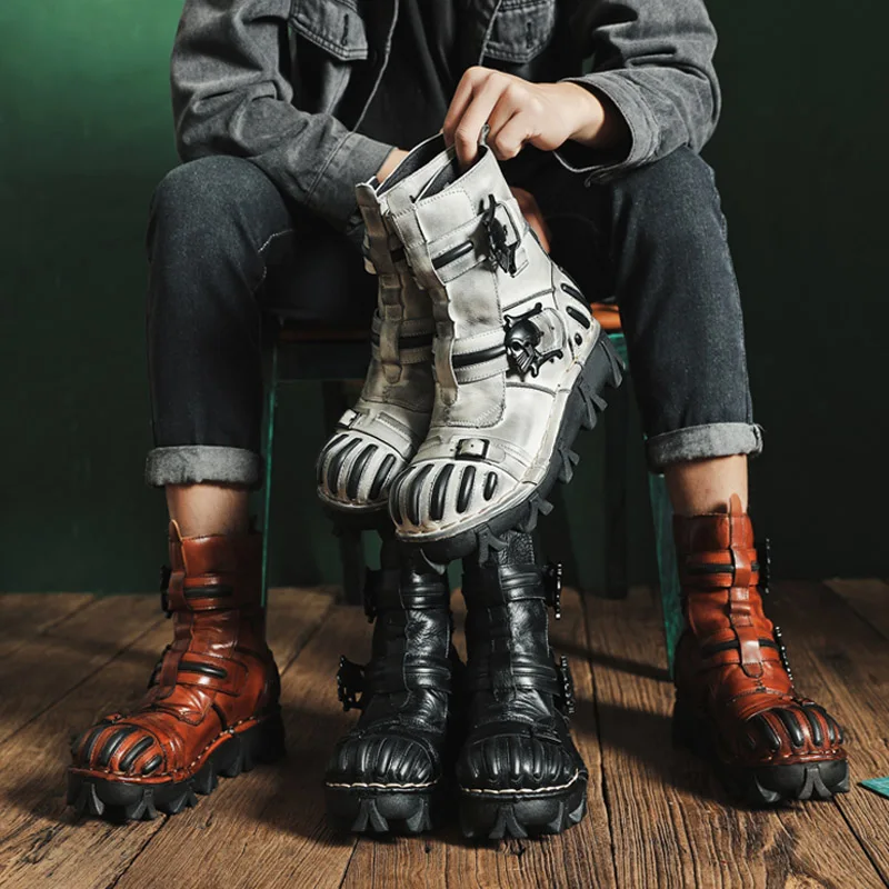 Retro Genuine Leather Motorcycle Boots Mid-calf Tactical High Top Men's Western Riding Boots Gothic Skull Punk Cowboy Boots