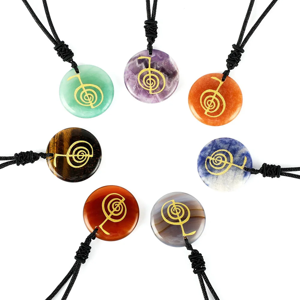 12 colori pietra naturale incidere Reiki spirale simbolo Cho Ku Rei collana pendente tondo ametista guarigione cristallo uomo donna gioielli