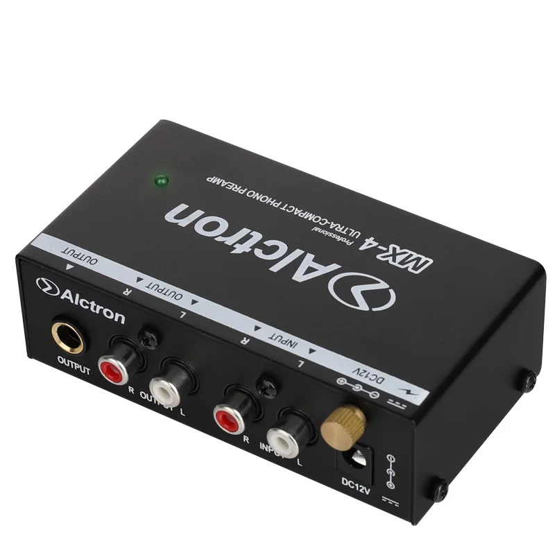 Alctron MX-4 전문 울트라 컴팩트 포노 프리앰프, RCA, 6.35mm 커넥터, DC 전원 공급 장치, 다양한 장치와 호환 가능