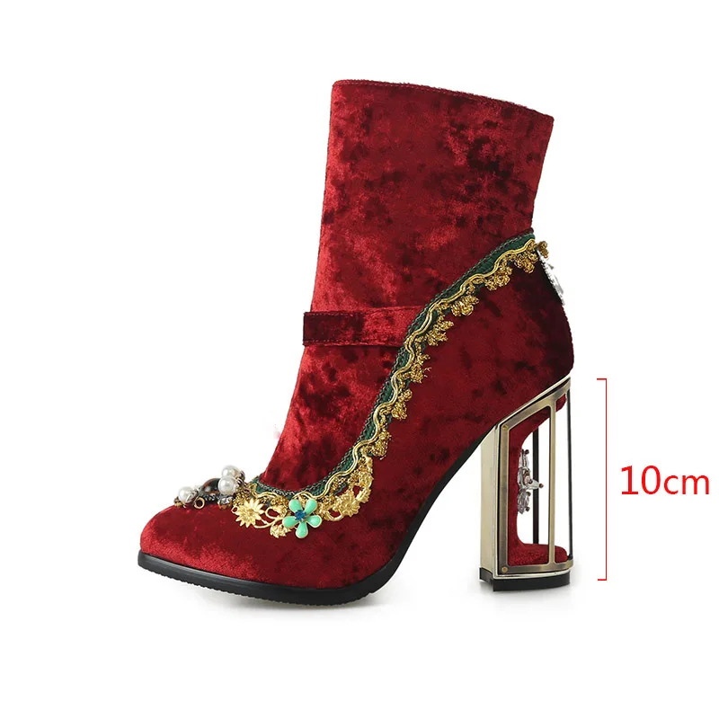 Phoentin Women\'s Wedding Crystal Ankle velvet boots Autumn winter luxury Fretwork super High Heels Rhinestones Shoes FT1670