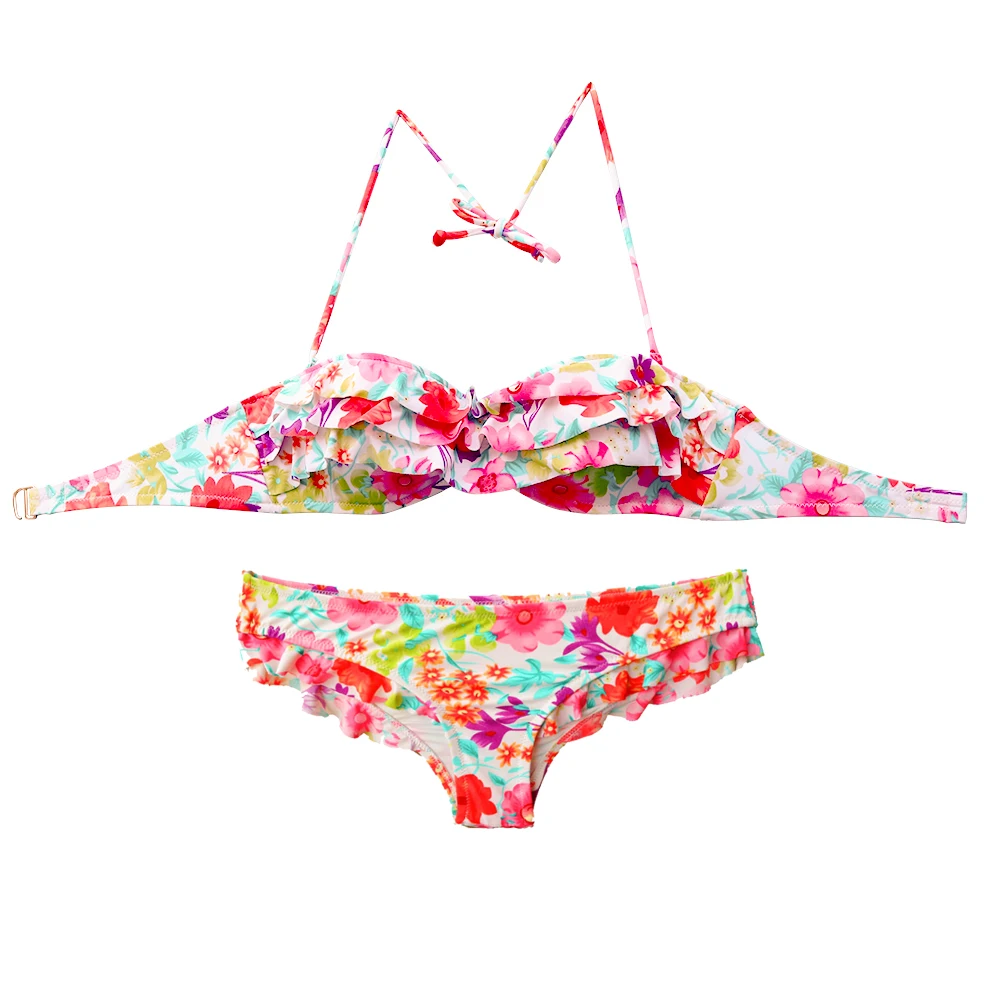 Women Sexy Gril Low Waist Bikini Sets Red Flowers Printing Swimsuit Push Up Swimwear Biquini Beachwear