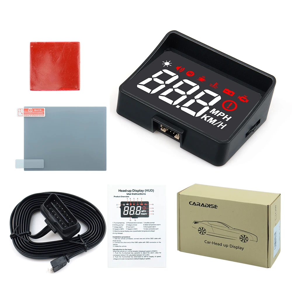 الأصلي A100S مع عدسة هود الزجاج الأمامي العارض Obd2 II EUOBD سيارة HUD رئيس يصل عرض نظام التحذير السرعة الزائدة الجهد إنذار