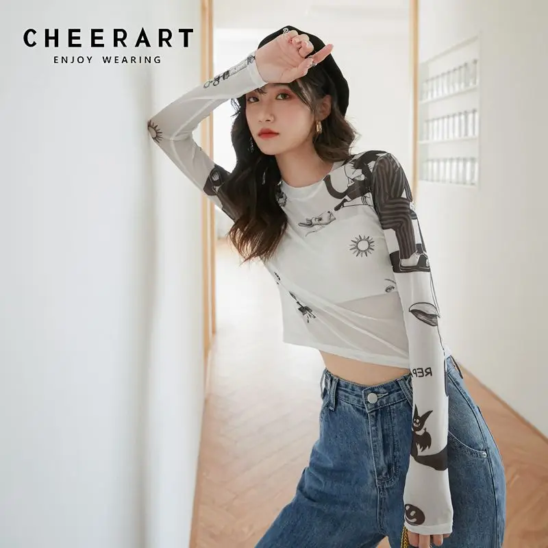 CHEERART White Mesh Top Long Sleeve Basic Tshirt Women Transparent Tight Top Vintage Printed Summer T Shirt Fashion 2020