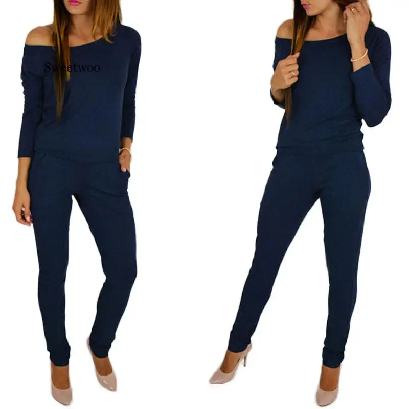 Chất Lượng Cao Xuân Hè Nữ Jumpsuit Thời Trang Thanh Lịch Tắt Vai Dài Tay Liền Quần Nữ Boysuit