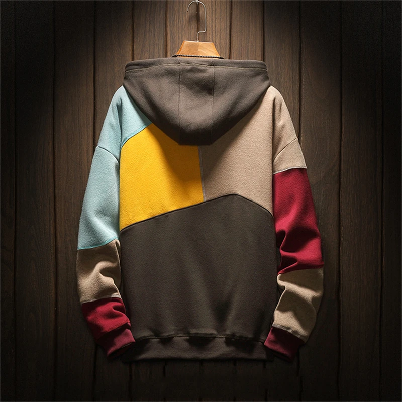 Fashion Streetwear Men\'s Sweatshirts Loose Warm Multicolor Hooded Sweatshirt Autumn Winter Patchwork Hoodies Sudadera Hombre