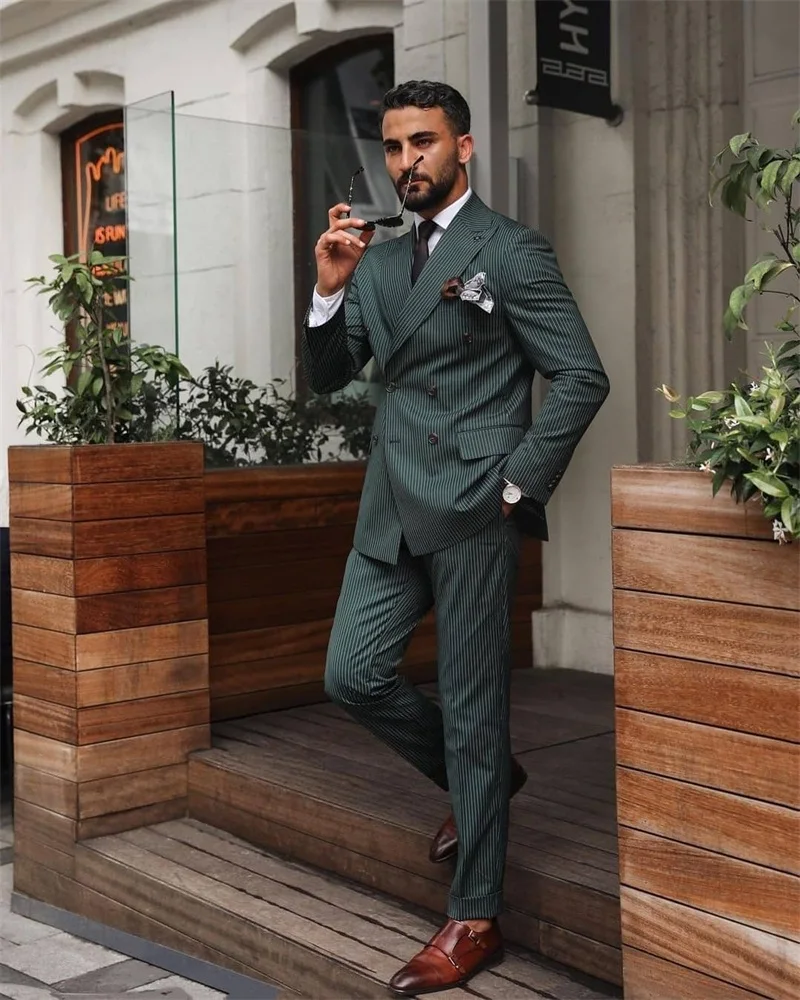 2 Pieces Pinstripe Men Suits Green Jacket+Pant Custom Made Formal Wedding Suits Fit Slim Double Breasted Party Suit