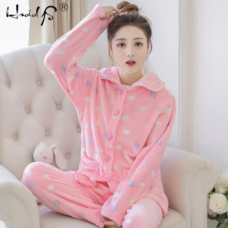 

Cardigan Pajamas Suit Winter Women Pajamas Set Sleepwear Flannel Pajamas Nightwear Top+Pants 2pcs Pajamas Sets Pijama Feminino