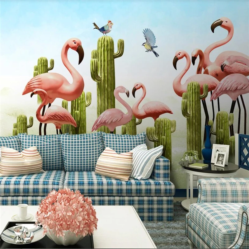 

Custom wallpaper 3D stereo photo mural Nordic small fresh 3D cactus flamingo background wall painting wallpaper papel de parede