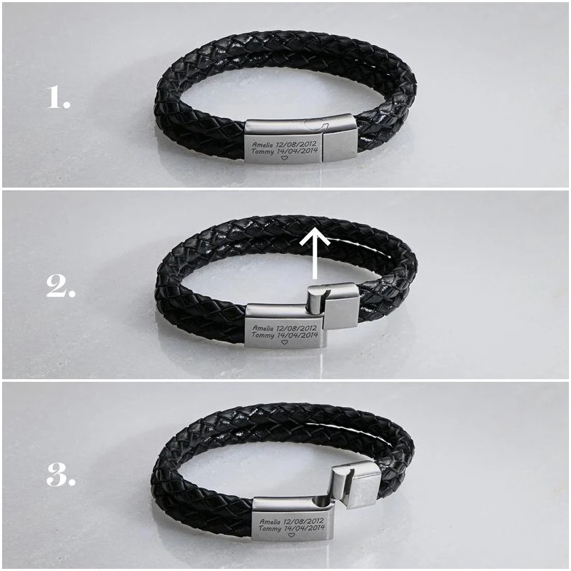 Personalized Black Leather Explorer Bracelet For Men Custom Engraved Name Date Strong Magnetic Clasps Bracelet Father\'s Day Gift