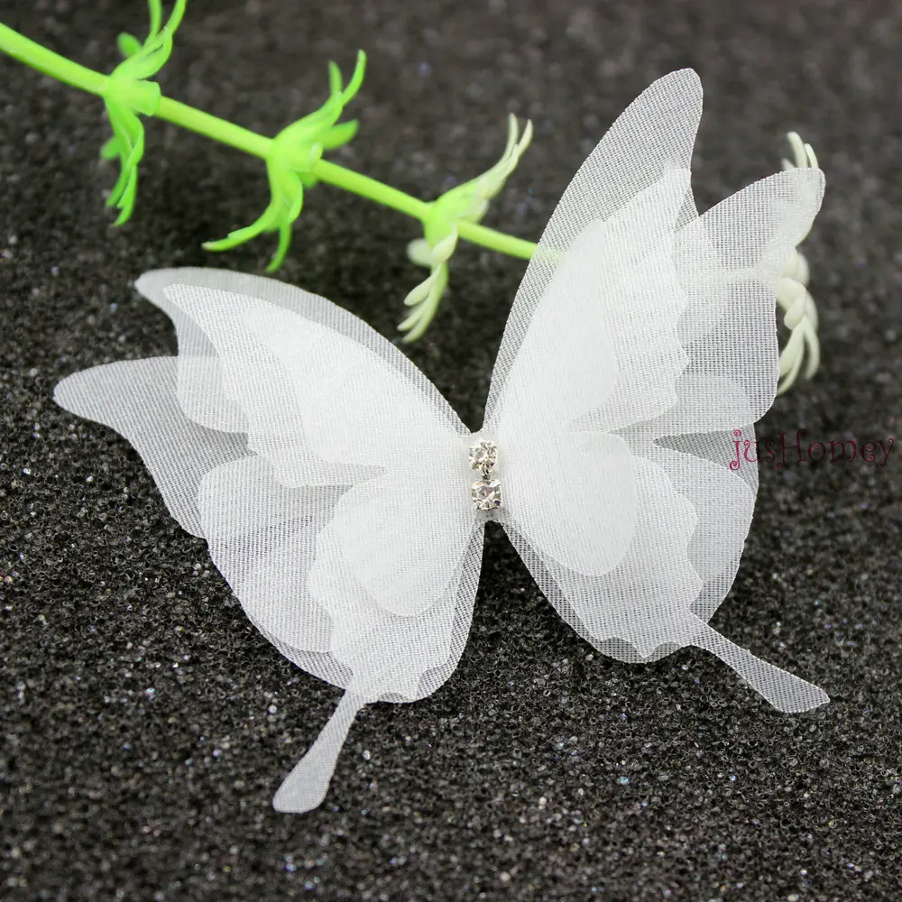 50PCS white Organza Butterfly Fabric Appliques Translucent Chiffon Butterflies with Rhinestone for Wedding Party Decor