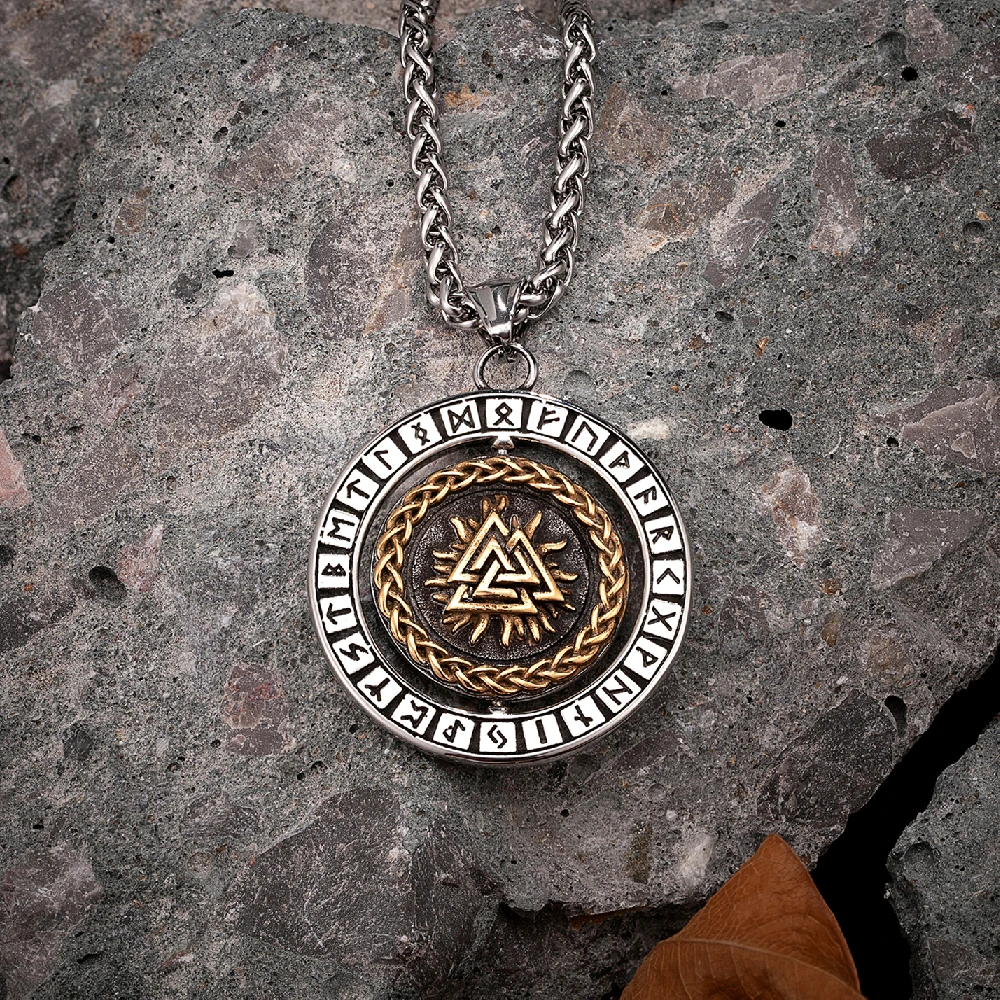 Viking Rotation Compass Necklaces Norse Double-sided Triangle Stainless Steel Pendant Men Odin Runes Amulet Scandinavian Jewelry