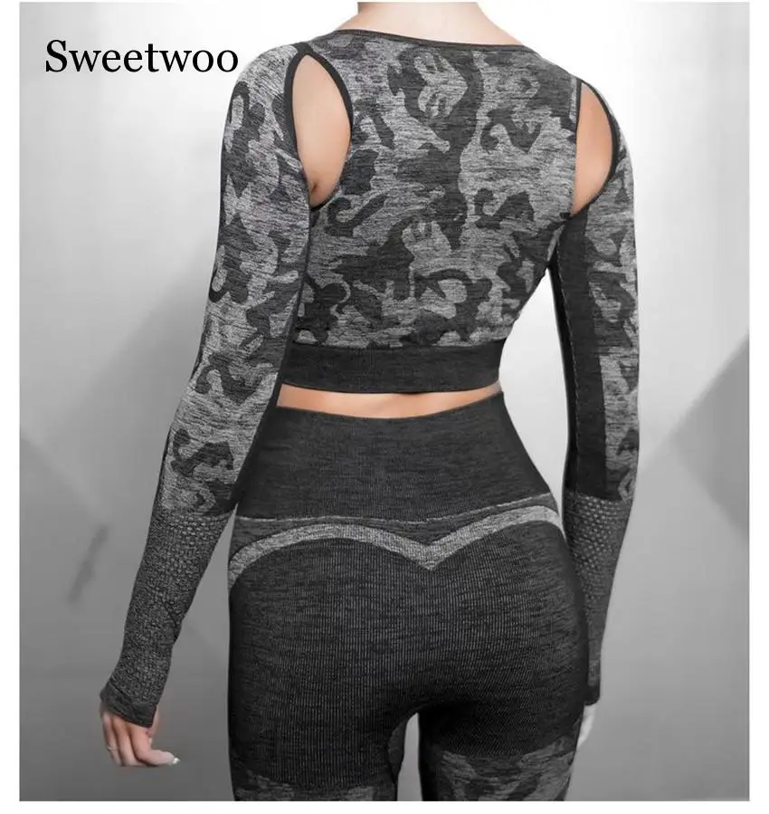 

Yoga Set Women Seamless Camouflage Long sleeve Tops High Waist Leggings Fitness Sport GYM Camo Suits Tight Workout pants