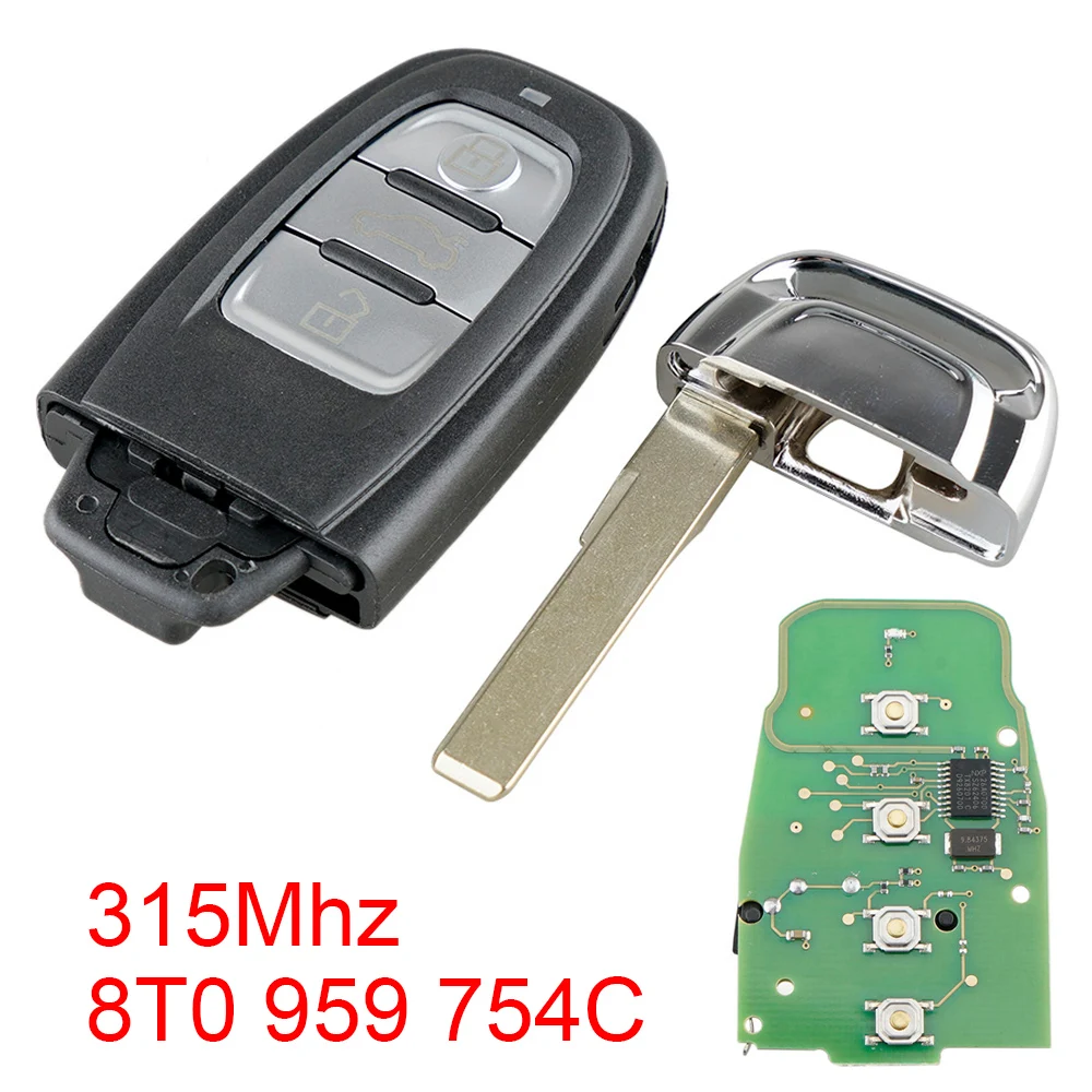 

315Mhz 4 Buttons Uncut Smart Remote Car Key Fob ID 8T0 959 754C Auto Key Replacement for Audi Q5 A4L A5 A6 A7 A8 RS4 RS5 S4 S5